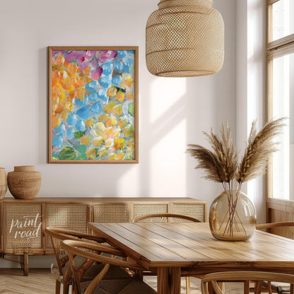 This abstract painting explodes with a vibrant array of petal-like strokes, creating a sense of dyn… for dining room