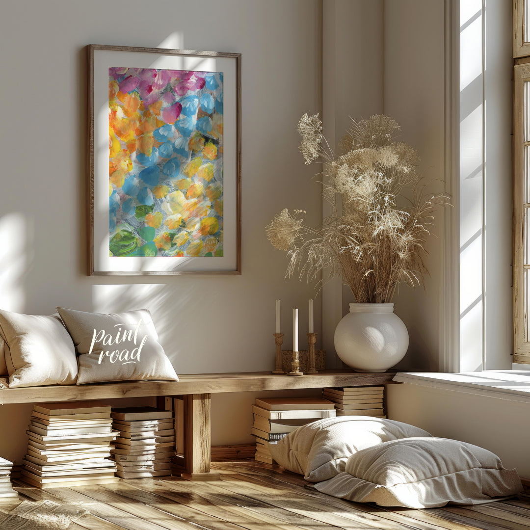 This abstract painting explodes with a vibrant array of petal-like strokes, creating a sense of dyn… for entryway