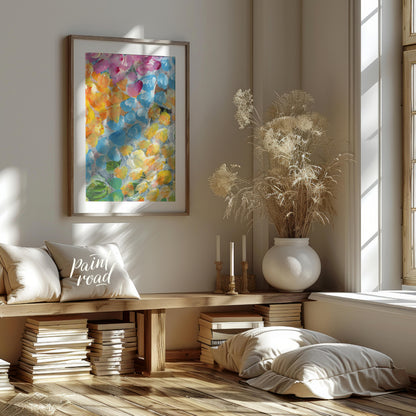 This abstract painting explodes with a vibrant array of petal-like strokes, creating a sense of dyn… for entryway