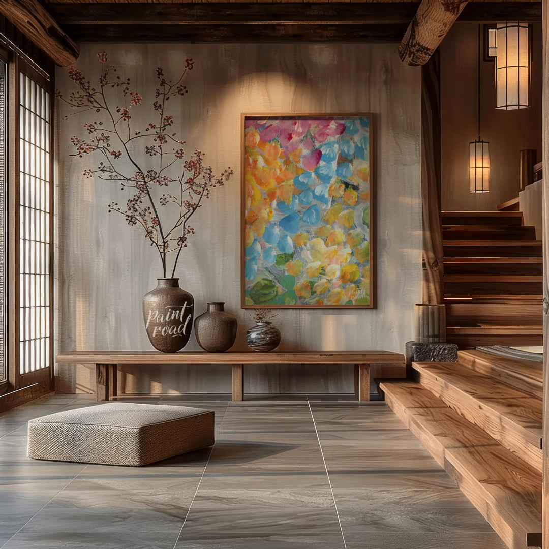 This abstract painting explodes with a vibrant array of petal-like strokes, creating a sense of dyn… for entryway