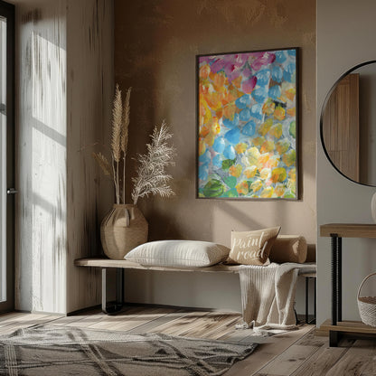 This abstract painting explodes with a vibrant array of petal-like strokes, creating a sense of dyn… for entryway