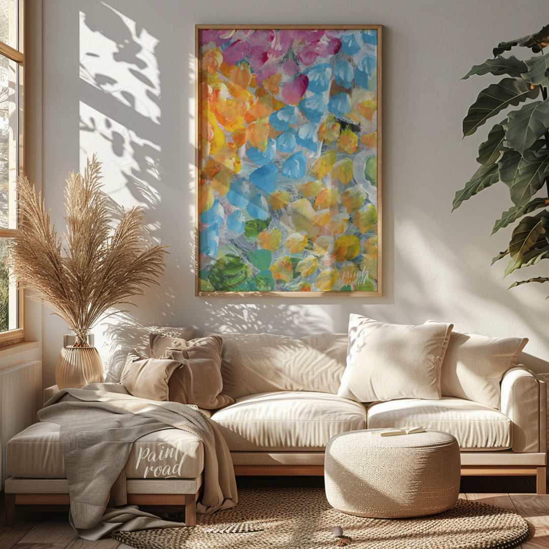 This abstract painting explodes with a vibrant array of petal-like strokes, creating a sense of dyn… for living room