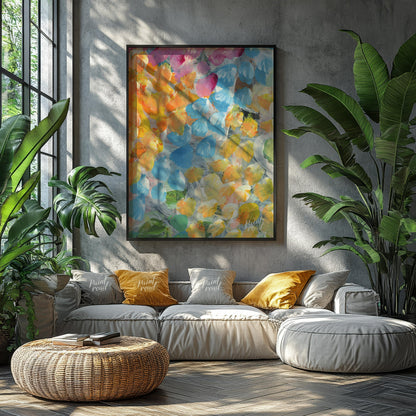 This abstract painting explodes with a vibrant array of petal-like strokes, creating a sense of dyn… for living room
