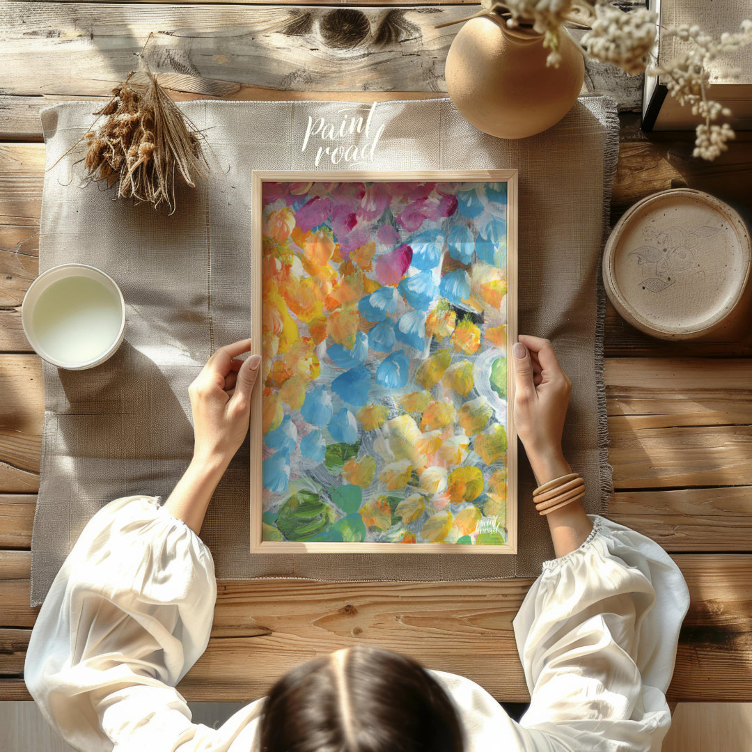 This abstract painting explodes with a vibrant array of petal-like strokes, creating a sense of dyn… for other