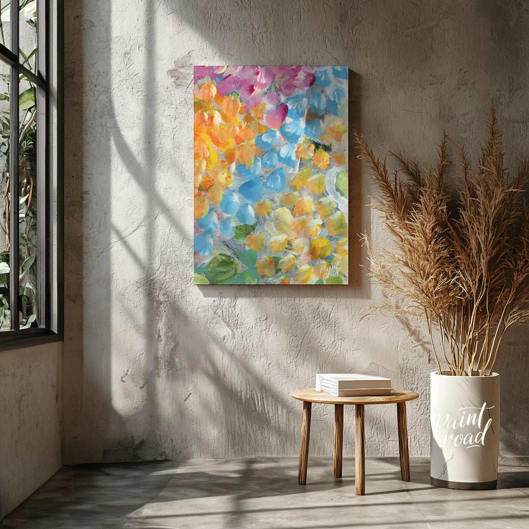 This abstract painting explodes with a vibrant array of petal-like strokes, creating a sense of dyn… for other