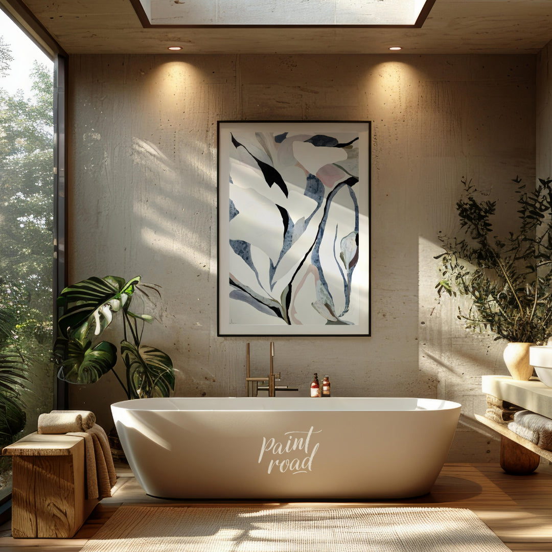"""Petal Echoes"" presents a captivating abstract composition with organic forms reminiscent of pet… for bathroom