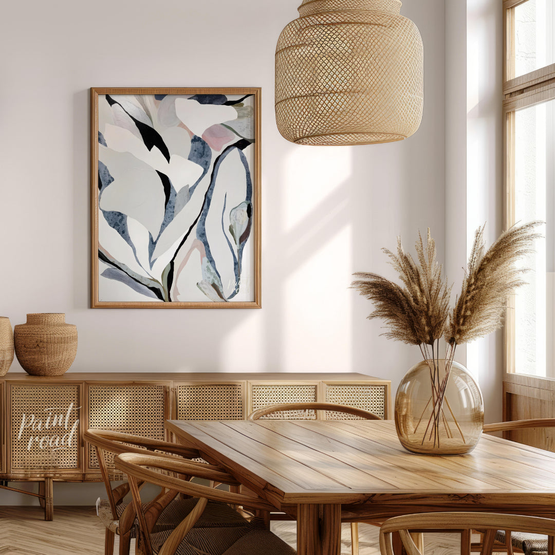"""Petal Echoes"" presents a captivating abstract composition with organic forms reminiscent of pet… for dining room