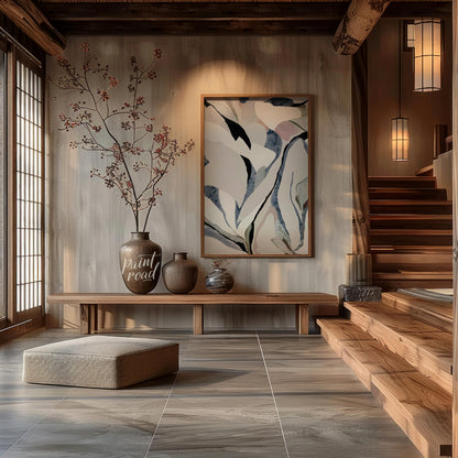 """Petal Echoes"" presents a captivating abstract composition with organic forms reminiscent of pet… for entryway