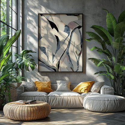 """Petal Echoes"" presents a captivating abstract composition with organic forms reminiscent of pet… for living room