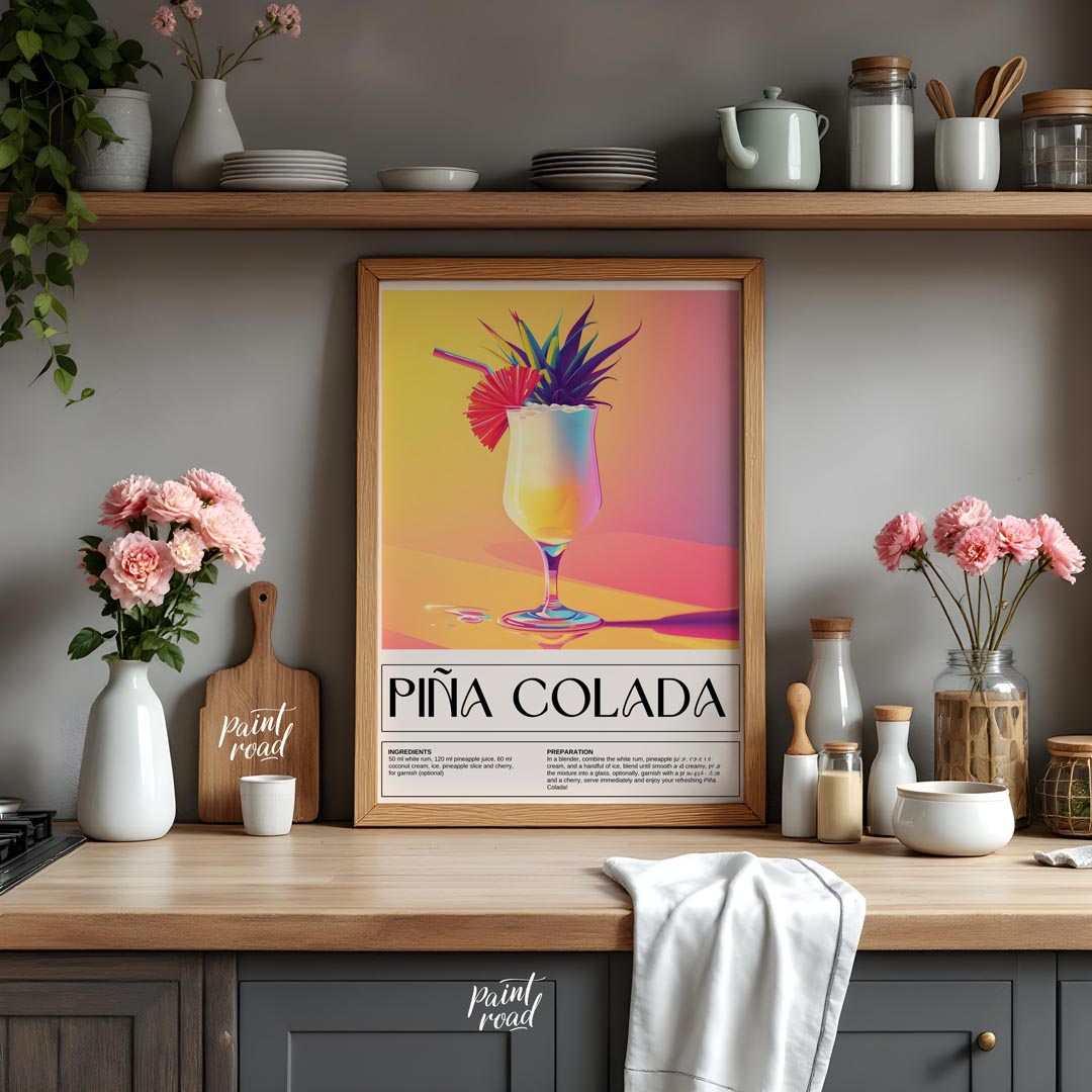 This exotically vibrant poster showcases a refreshing Piña Colada, presented in a tall, elegant hur… for kitchen