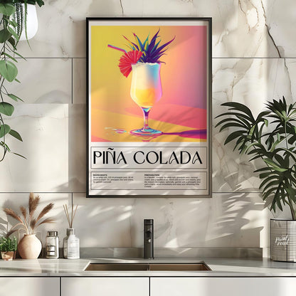 This exotically vibrant poster showcases a refreshing Piña Colada, presented in a tall, elegant hur… for kitchen