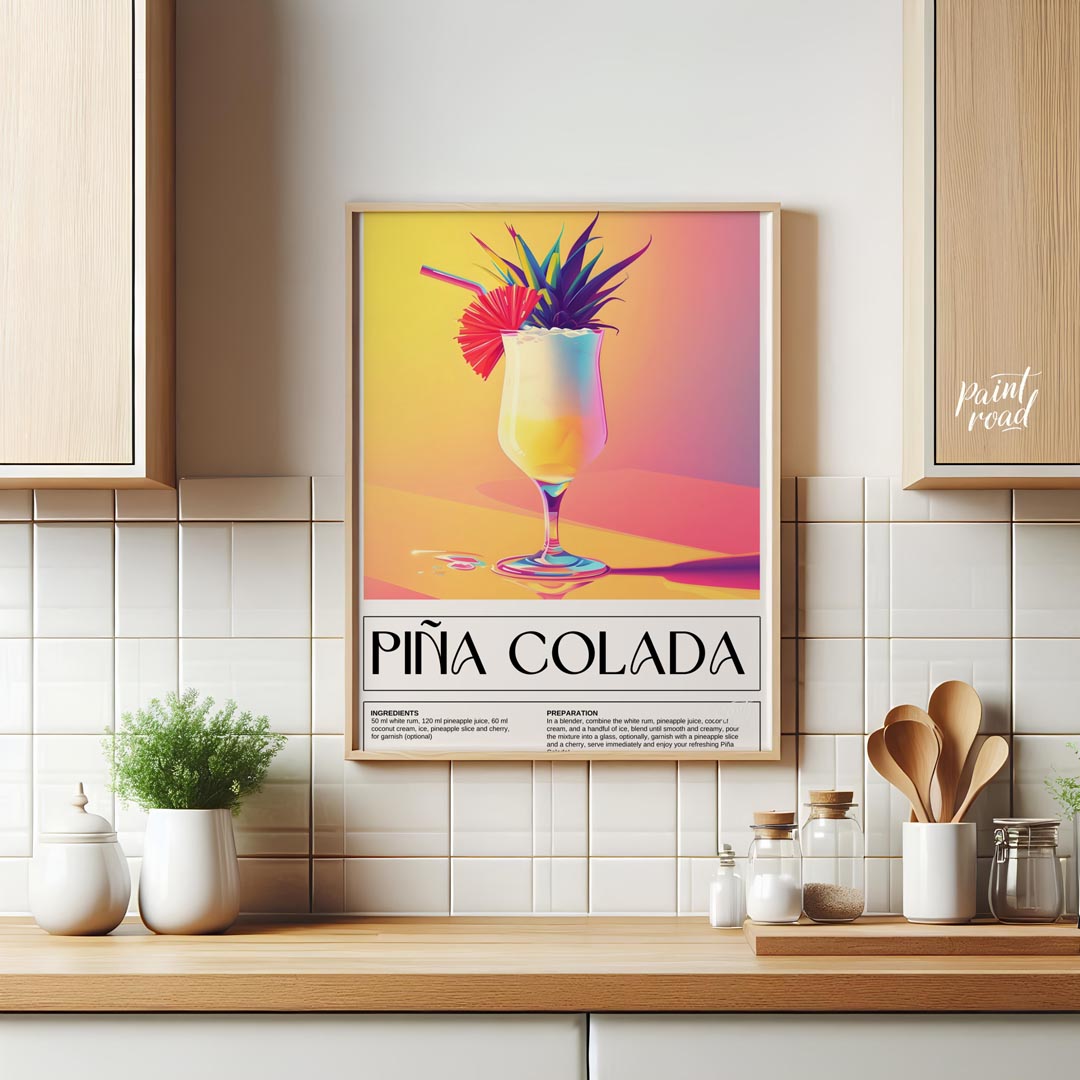 This exotically vibrant poster showcases a refreshing Piña Colada, presented in a tall, elegant hur… for kitchen
