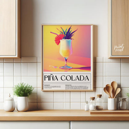 This exotically vibrant poster showcases a refreshing Piña Colada, presented in a tall, elegant hur… for kitchen