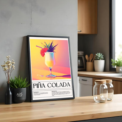 This exotically vibrant poster showcases a refreshing Piña Colada, presented in a tall, elegant hur… for kitchen