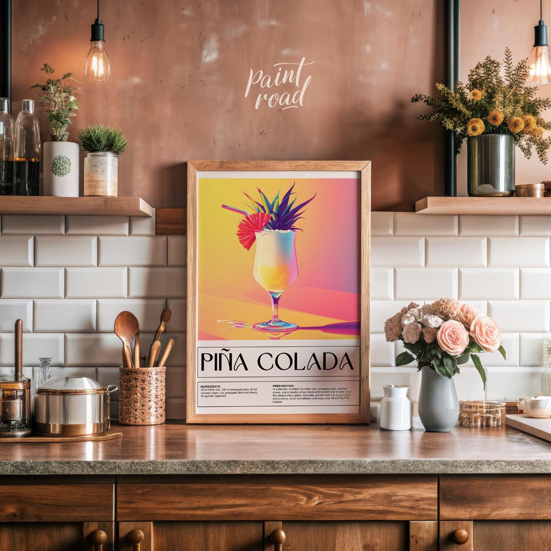 This exotically vibrant poster showcases a refreshing Piña Colada, presented in a tall, elegant hur… for kitchen
