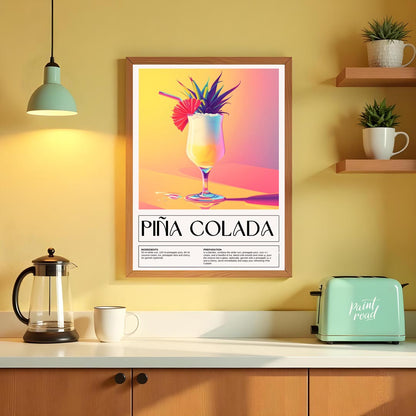 This exotically vibrant poster showcases a refreshing Piña Colada, presented in a tall, elegant hur… for kitchen