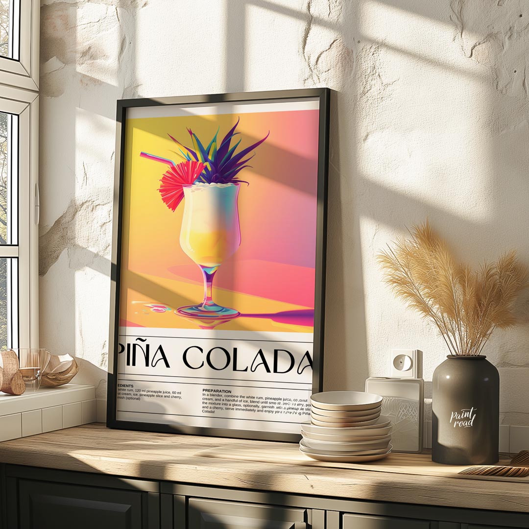 This exotically vibrant poster showcases a refreshing Piña Colada, presented in a tall, elegant hur… for kitchen