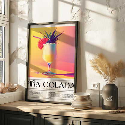 This exotically vibrant poster showcases a refreshing Piña Colada, presented in a tall, elegant hur… for kitchen