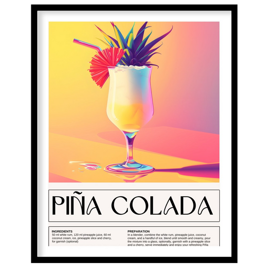 This exotically vibrant poster showcases a refreshing Piña Colada, presented in a tall, elegant hur… for place