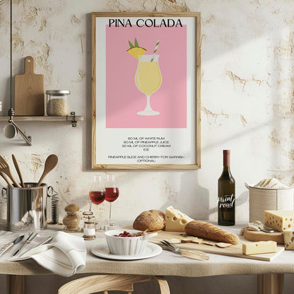 This charming minimalist poster features a delightful illustration of a Piña Colada. The drink is s… for kitchen