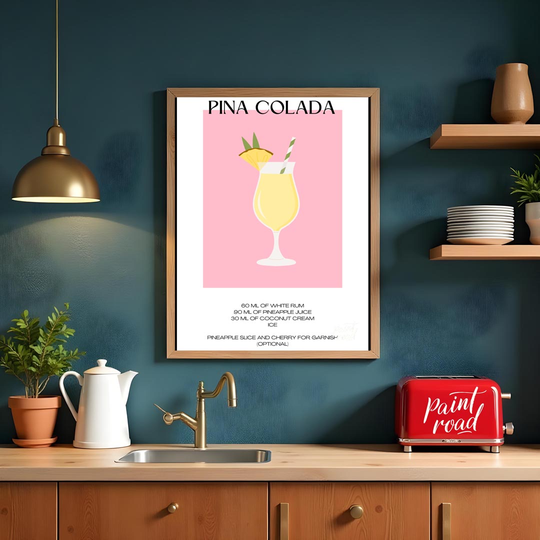 This charming minimalist poster features a delightful illustration of a Piña Colada. The drink is s… for kitchen