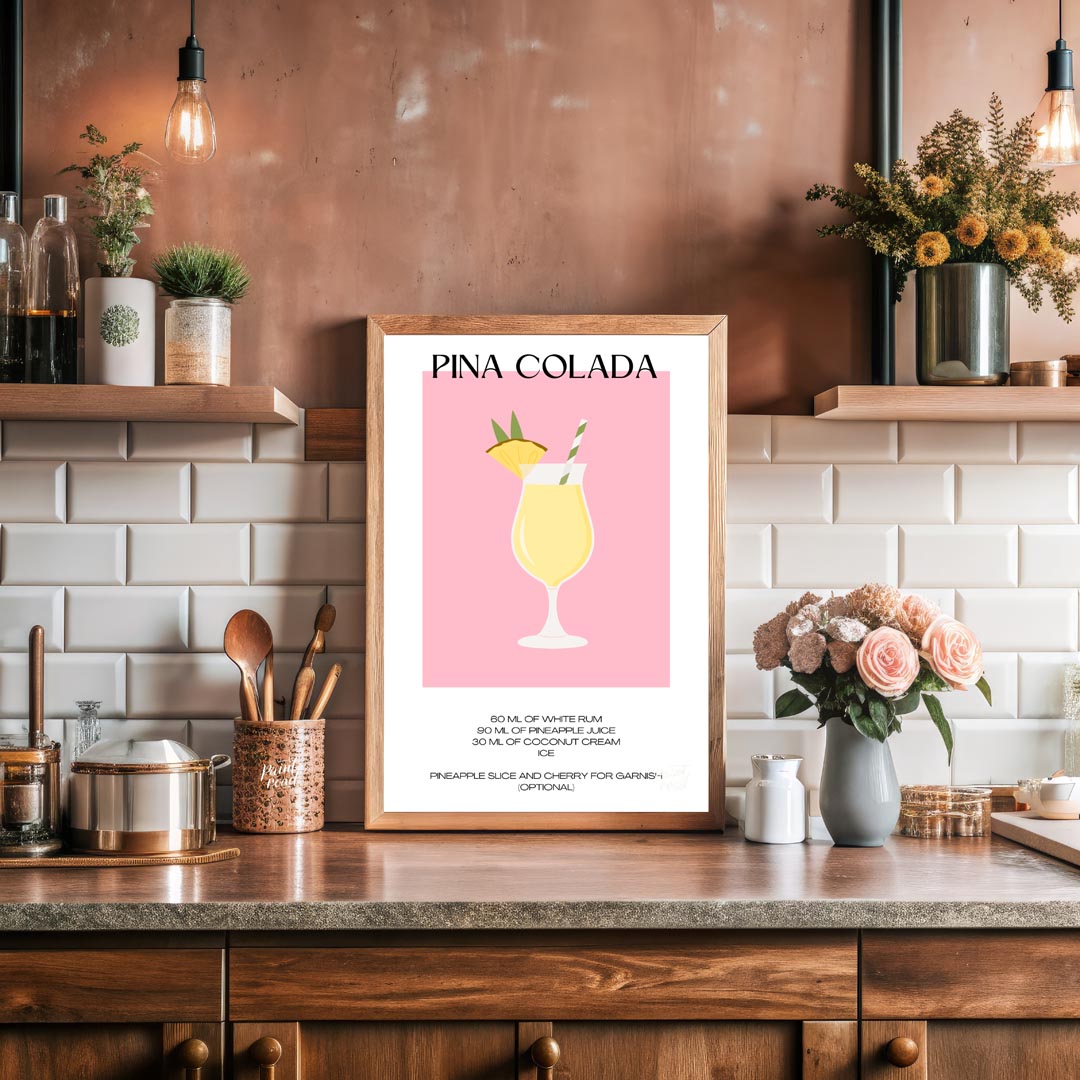 This charming minimalist poster features a delightful illustration of a Piña Colada. The drink is s… for kitchen