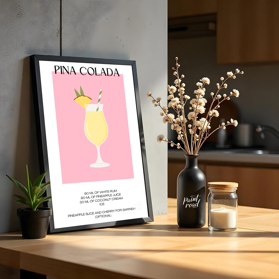 This charming minimalist poster features a delightful illustration of a Piña Colada. The drink is s… for kitchen