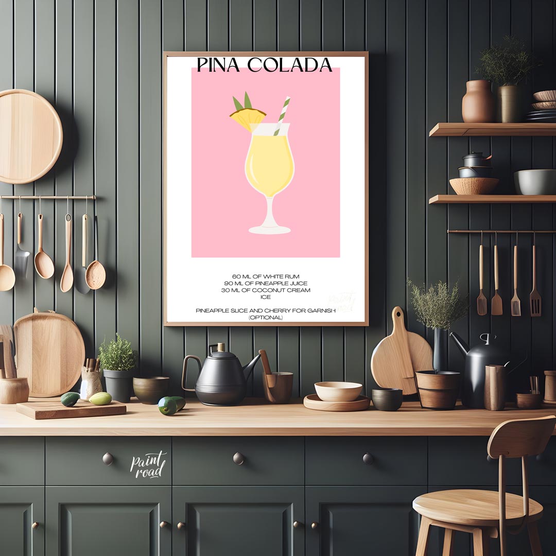 This charming minimalist poster features a delightful illustration of a Piña Colada. The drink is s… for kitchen
