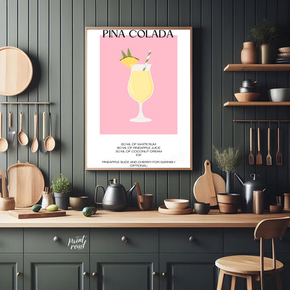 This charming minimalist poster features a delightful illustration of a Piña Colada. The drink is s… for kitchen