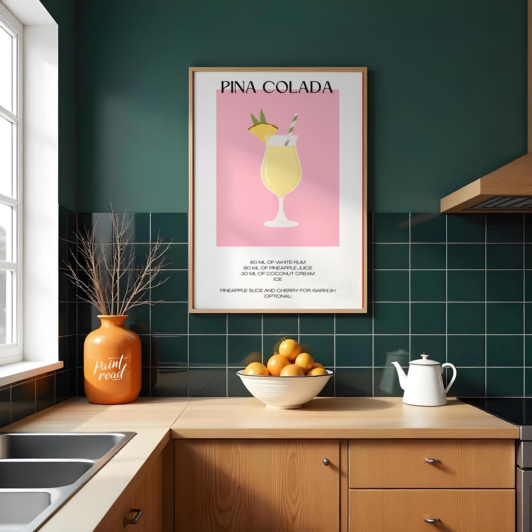 This charming minimalist poster features a delightful illustration of a Piña Colada. The drink is s… for kitchen