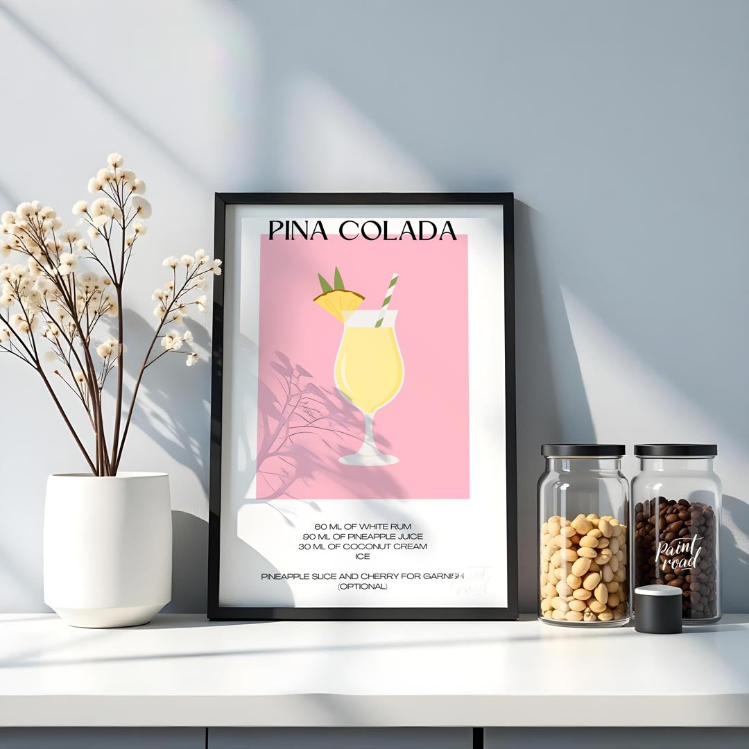 This charming minimalist poster features a delightful illustration of a Piña Colada. The drink is s… for kitchen