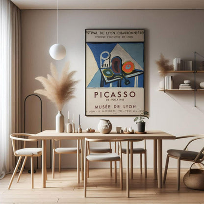 This poster is a vibrant promotional piece for a Pablo Picasso exhibition held at the Musée de Lyon… for dining room