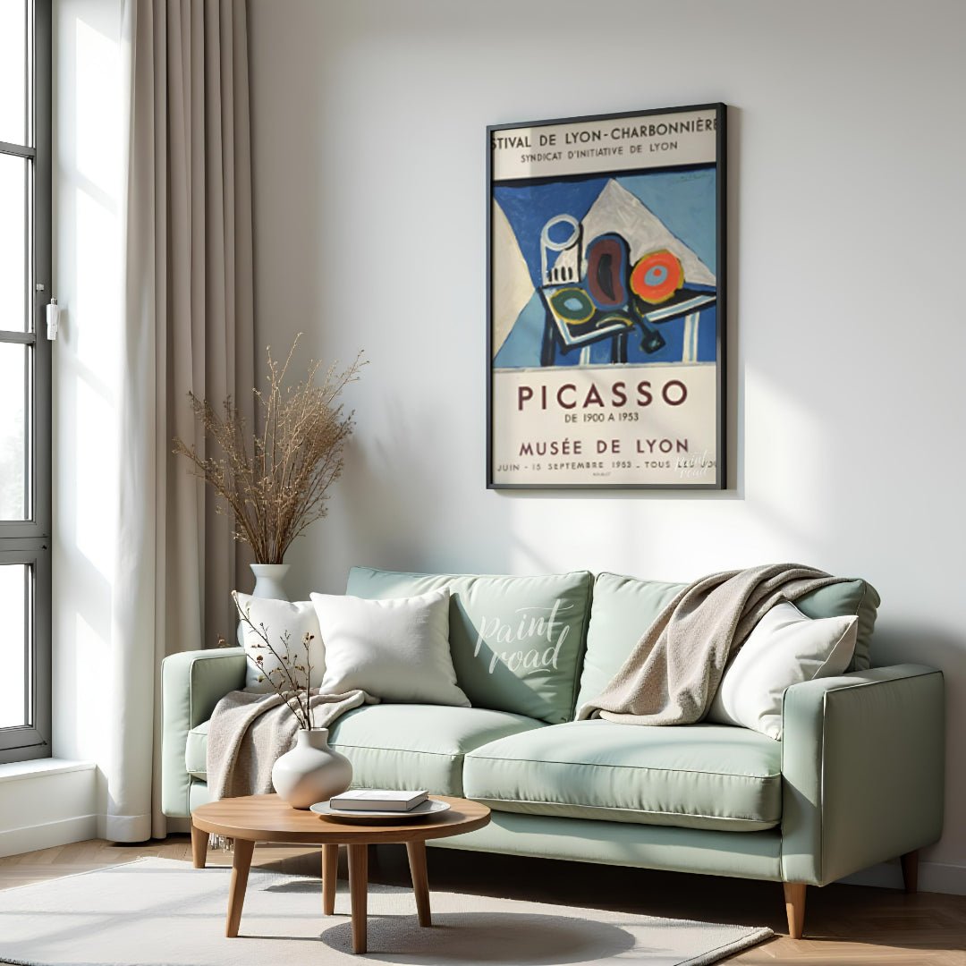 This poster is a vibrant promotional piece for a Pablo Picasso exhibition held at the Musée de Lyon… for living room