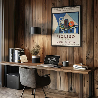 This poster is a vibrant promotional piece for a Pablo Picasso exhibition held at the Musée de Lyon… for office