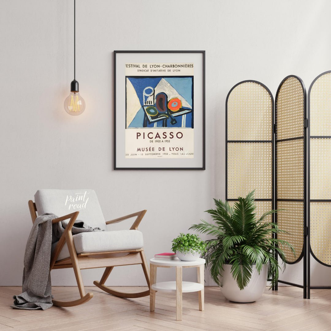 This poster is a vibrant promotional piece for a Pablo Picasso exhibition held at the Musée de Lyon… for office