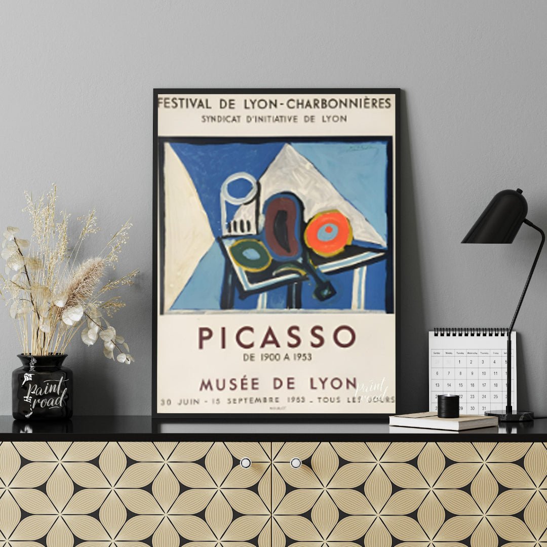 This poster is a vibrant promotional piece for a Pablo Picasso exhibition held at the Musée de Lyon… for office