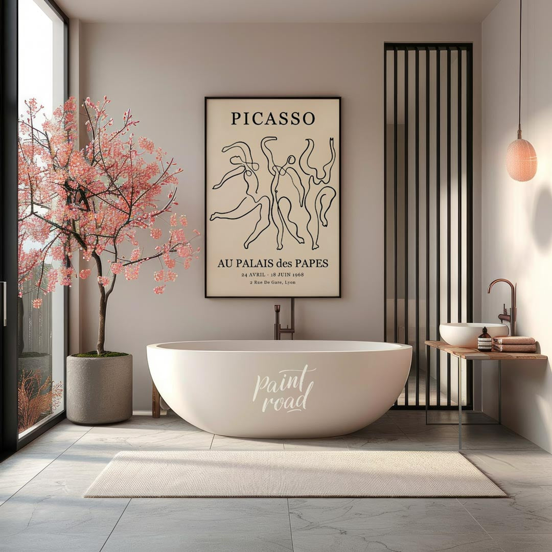 This iconic art poster, featuring “PICASSO” prominently at the top, showcases a dynamic composition… for bathroom