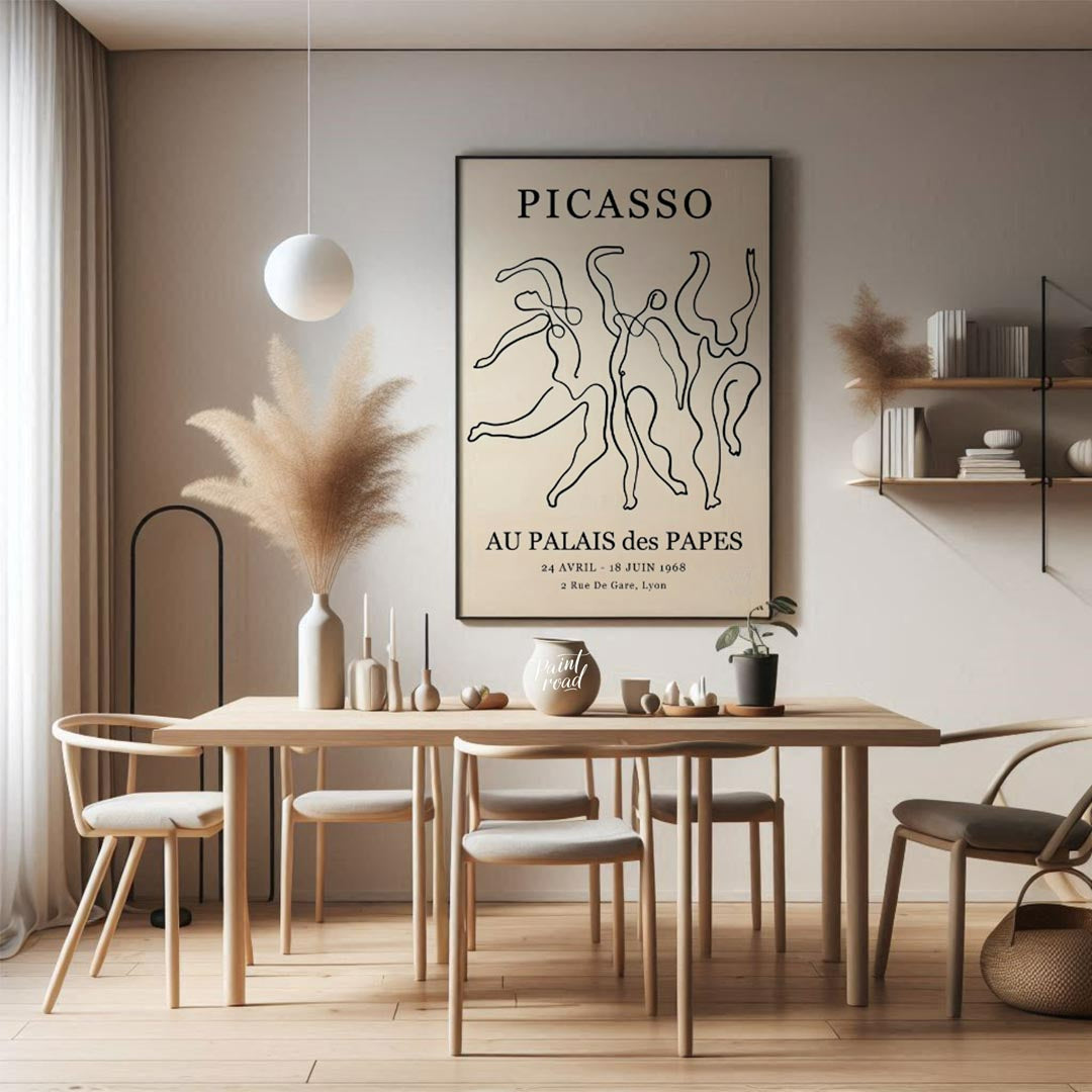 This iconic art poster, featuring “PICASSO” prominently at the top, showcases a dynamic composition… for dining room