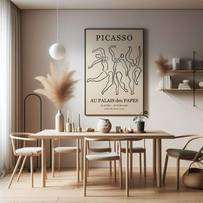 This iconic art poster, featuring “PICASSO” prominently at the top, showcases a dynamic composition… for dining room