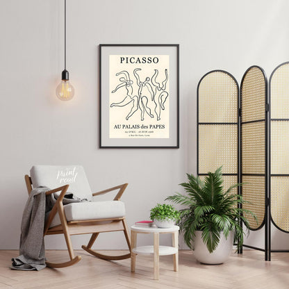 This iconic art poster, featuring “PICASSO” prominently at the top, showcases a dynamic composition… for living room