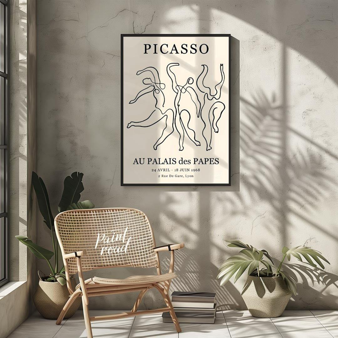 This iconic art poster, featuring “PICASSO” prominently at the top, showcases a dynamic composition… for living room