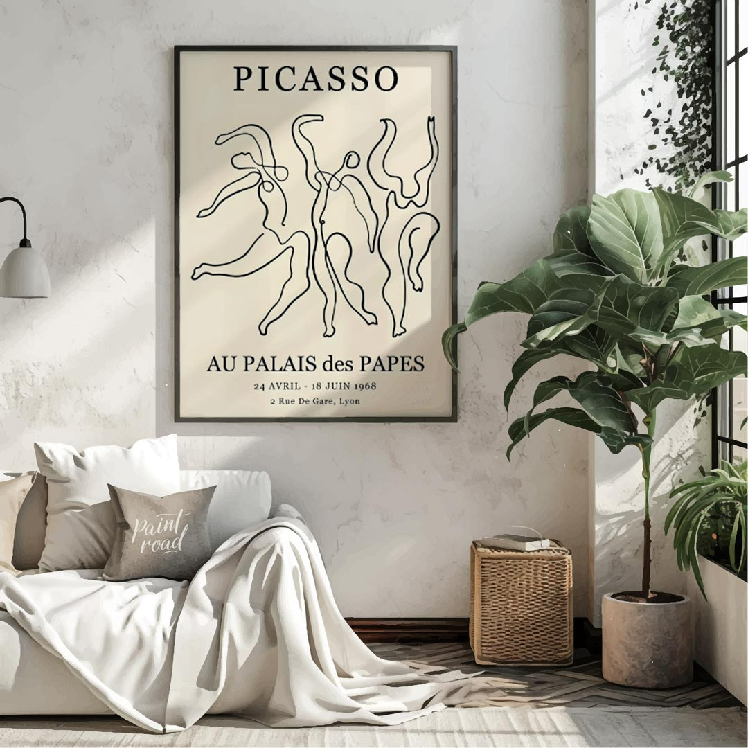 This iconic art poster, featuring “PICASSO” prominently at the top, showcases a dynamic composition… for living room