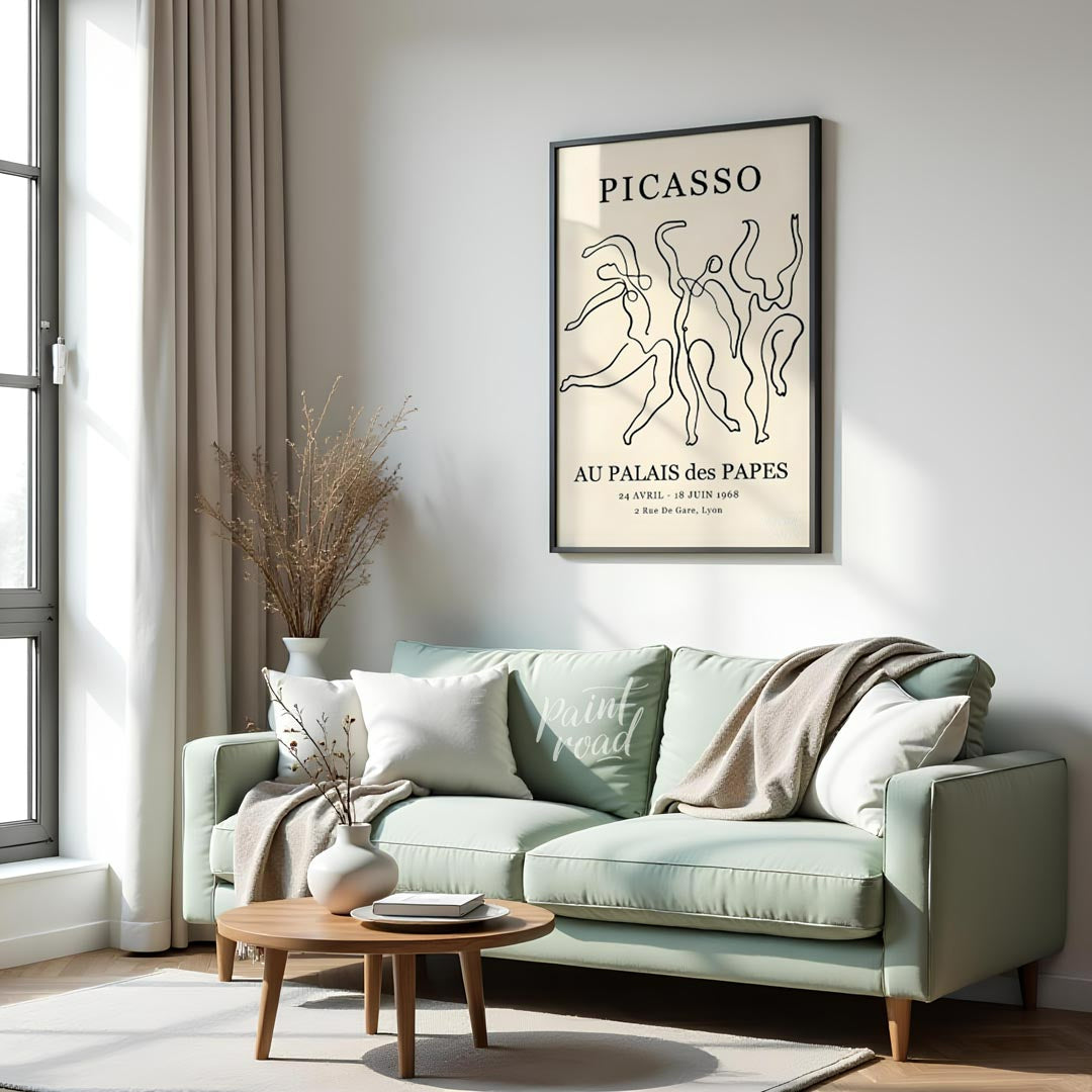 This iconic art poster, featuring “PICASSO” prominently at the top, showcases a dynamic composition… for living room