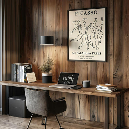 This iconic art poster, featuring “PICASSO” prominently at the top, showcases a dynamic composition… for office