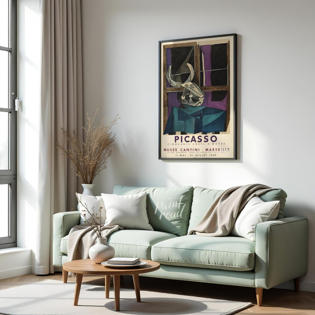 This striking vintage exhibition poster promotes “PICASSO CINQUANTE CHEFS-D’ŒUVRE” (Fifty Masterpie… for living room
