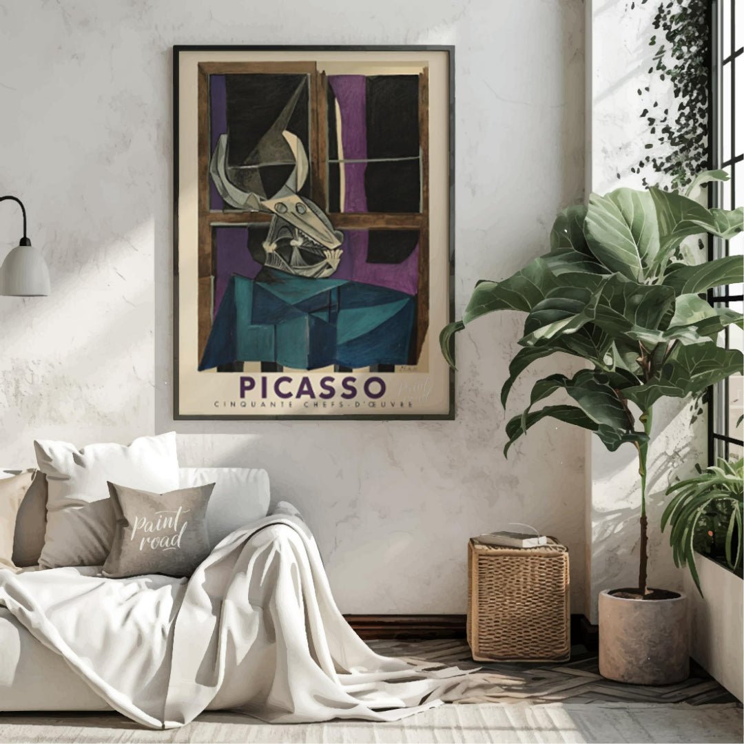 This striking vintage exhibition poster promotes “PICASSO CINQUANTE CHEFS-D’ŒUVRE” (Fifty Masterpie… for living room