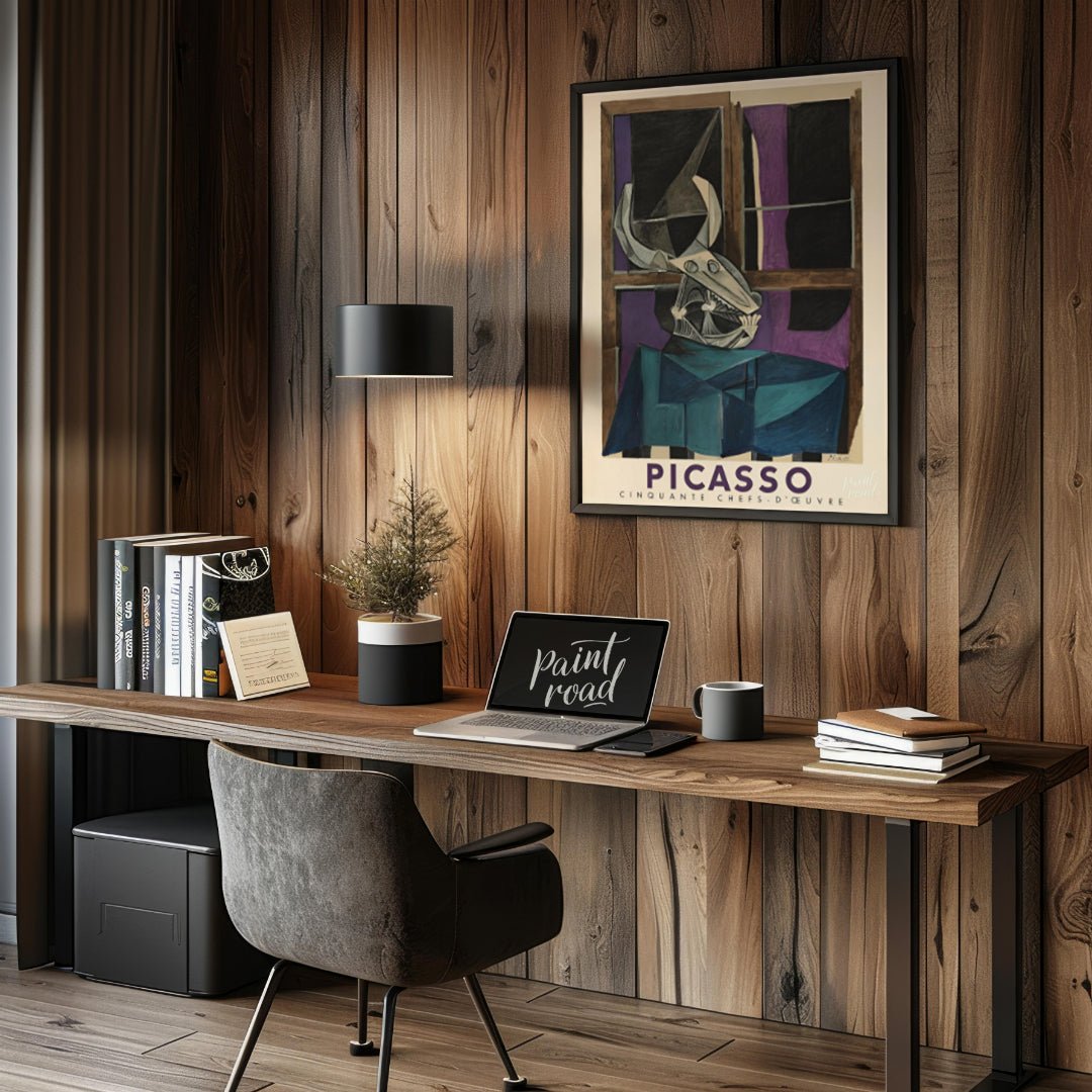 This striking vintage exhibition poster promotes “PICASSO CINQUANTE CHEFS-D’ŒUVRE” (Fifty Masterpie… for office