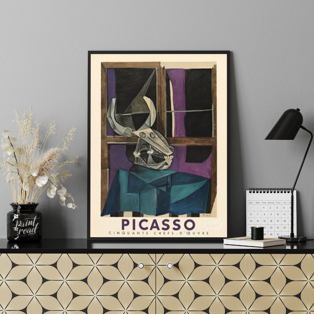 This striking vintage exhibition poster promotes “PICASSO CINQUANTE CHEFS-D’ŒUVRE” (Fifty Masterpie… for office