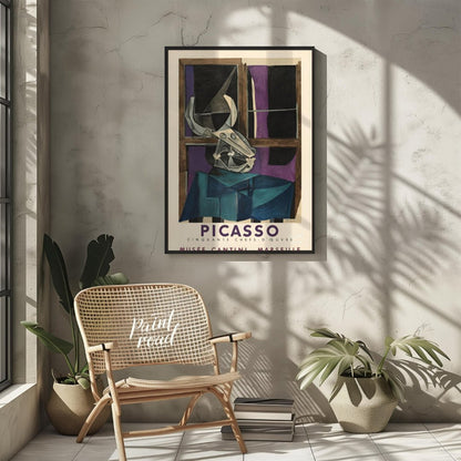 This striking vintage exhibition poster promotes “PICASSO CINQUANTE CHEFS-D’ŒUVRE” (Fifty Masterpie… for other