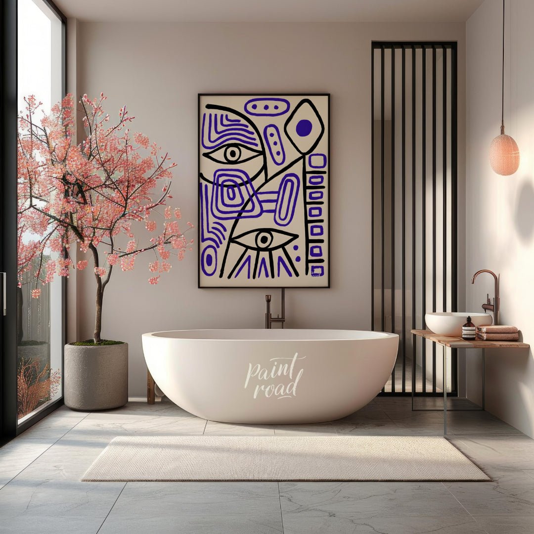 This abstract artwork by Pablo Picasso features a captivating arrangement of geometric shapes, line… for bathroom